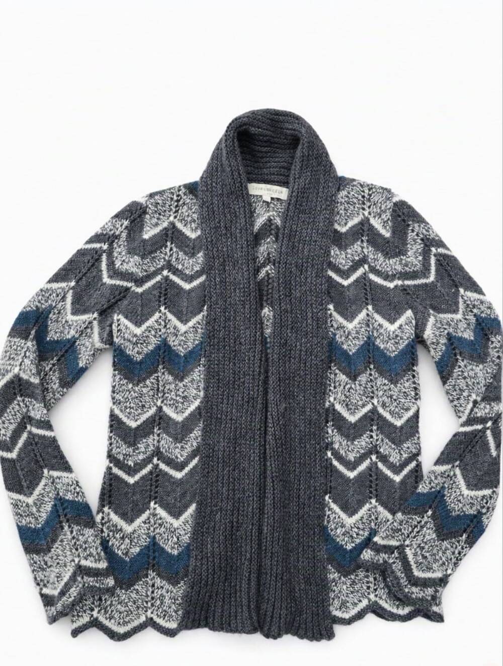 Alpaca Blend Grey Chevron Shawl Collar Open Front Cardigan Size L Made In Italy